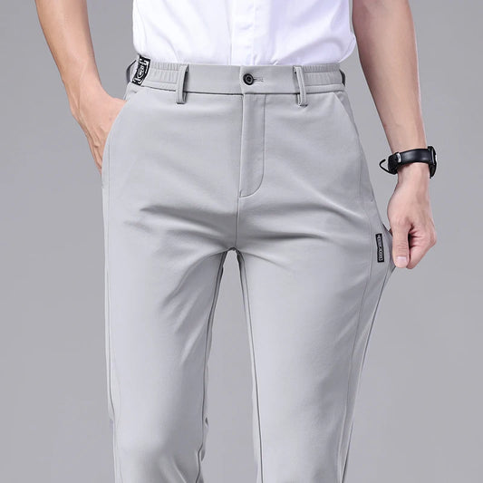 Ultra-thin Elastic Men's Casual Trousers-Summer Quick-drying Ice Silk Slim Straight Business Trousers