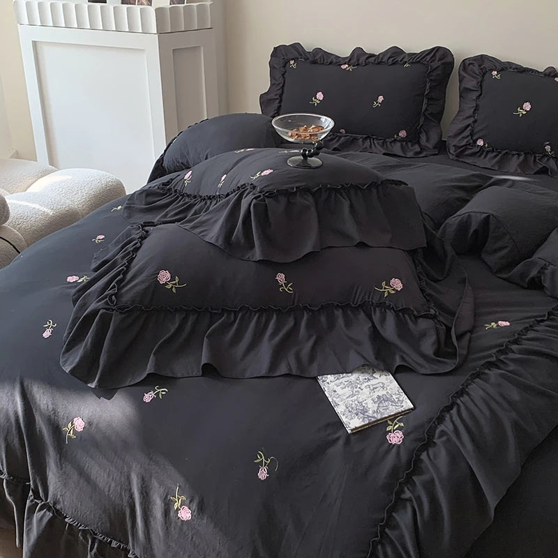 3pcs Rose Embroidered Duvet Cover Set (1*Duvet Cover + 2*Pillowcase, Without Core)