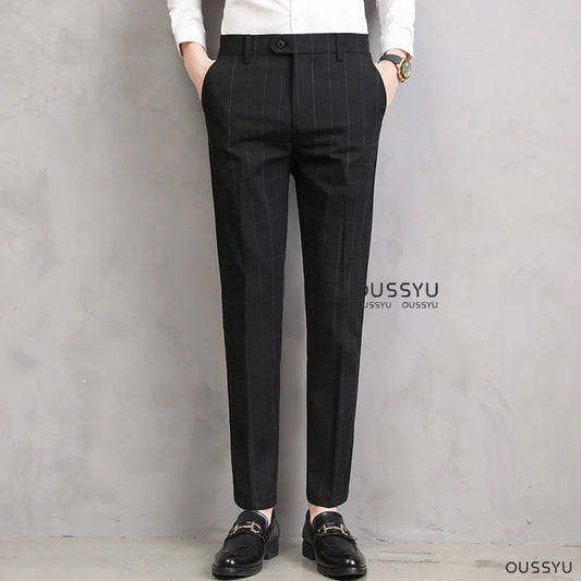 Thin Plaid Formal Dress Pants For Men-Slim Business Trousers