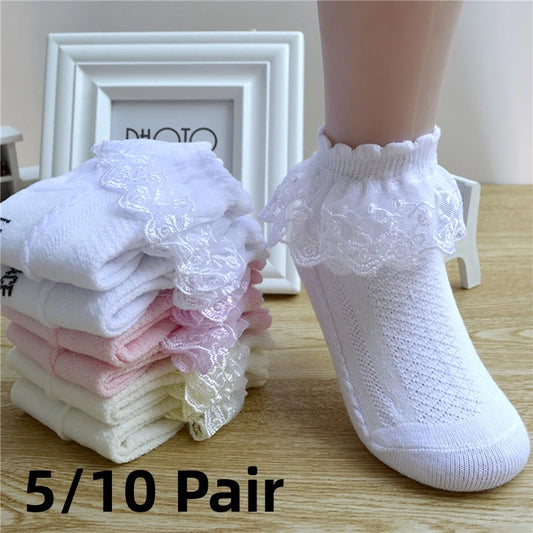 5/10Pairs Ruffle Princess Mesh Lace Ankle Socks for Girls