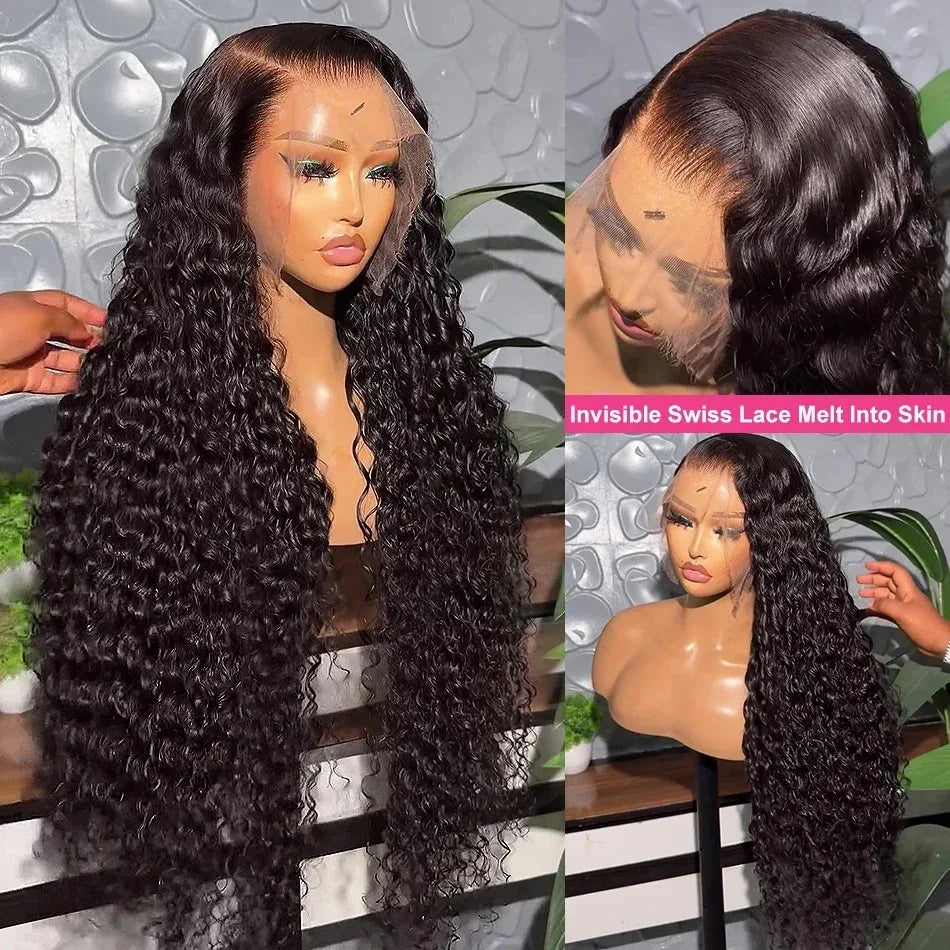 34 Inch 13x4 HD Lace Front Human Hair Wig - 180 Density, Deep Wave, 13x7 Transparent Lace Frontal