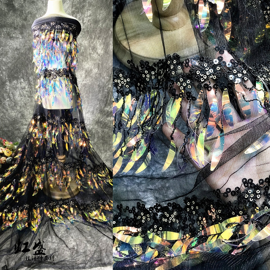 Black Designer Gradient Illusion Fashion Tassels Sequins Laser Fabric