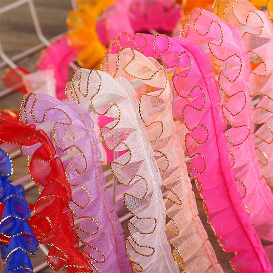 5Yard 20mm Snow Gauze Ribbon with Gold Edge Wrinkle- DIY Trim Curtain Clothing