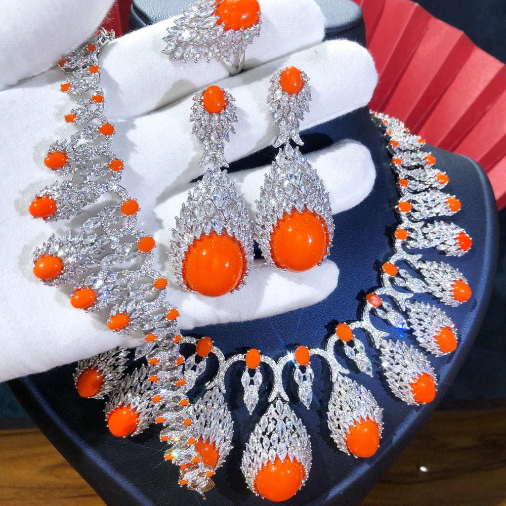 4PCS Luxury Bridal Pendant Earrings Necklace Jewelry Set