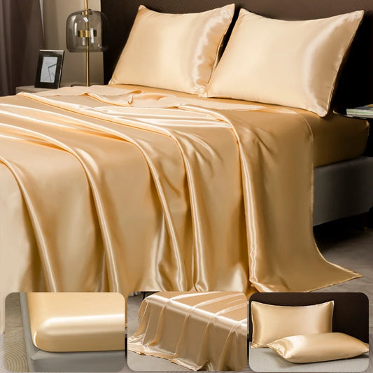 Solid Color Satin Bedding Set,Includes Flat Sheet, Fitted Sheet, and Pillowcases