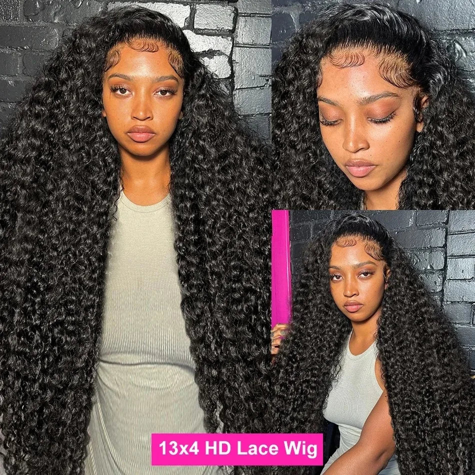 34 Inch 13x4 HD Lace Front Human Hair Wig - 180 Density, Deep Wave, 13x7 Transparent Lace Frontal