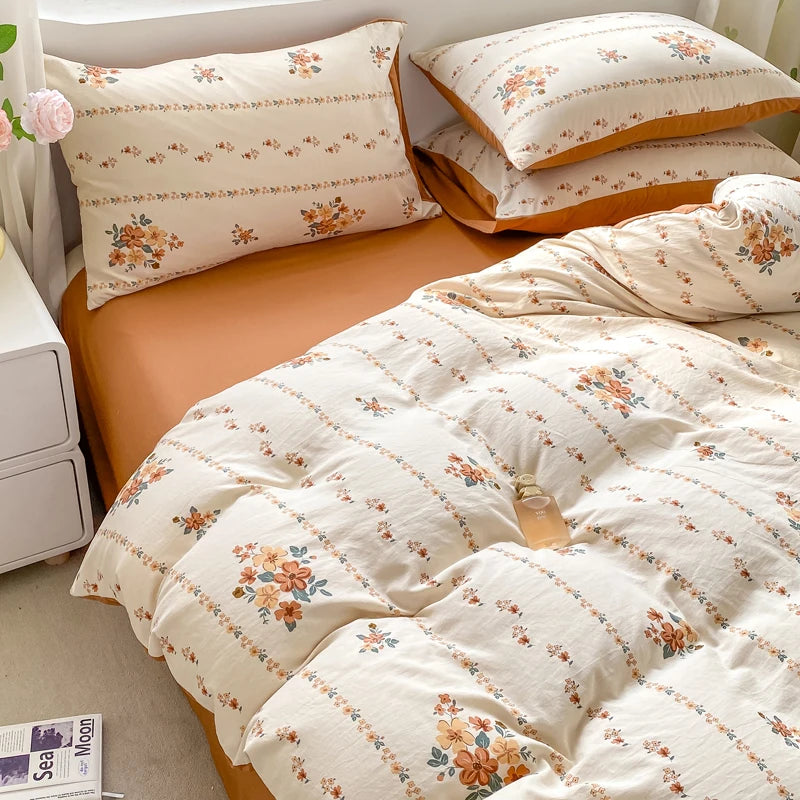 Korean Retro Floral Bedding Set, 100% Cotton Soft Duvet Cover-No insert