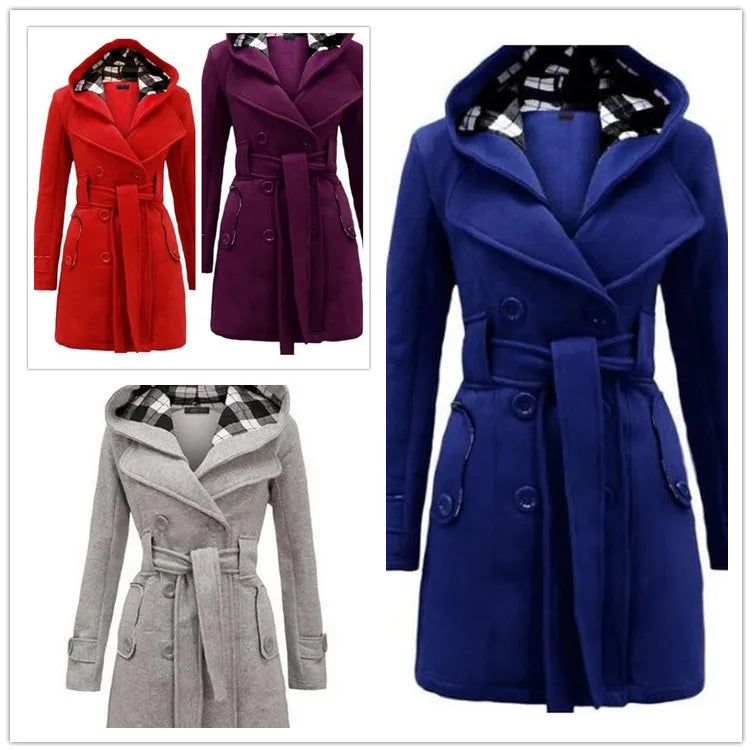 Hooded double-breasted Long Coat with Belt For Women