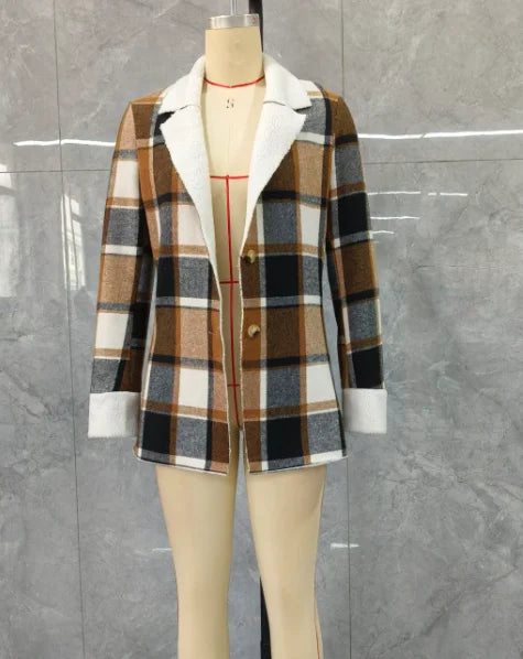 Women's Fashion Plaid Notched Collar Long Sleeve Blazer, Button Front Fleece Lined Casual Coat