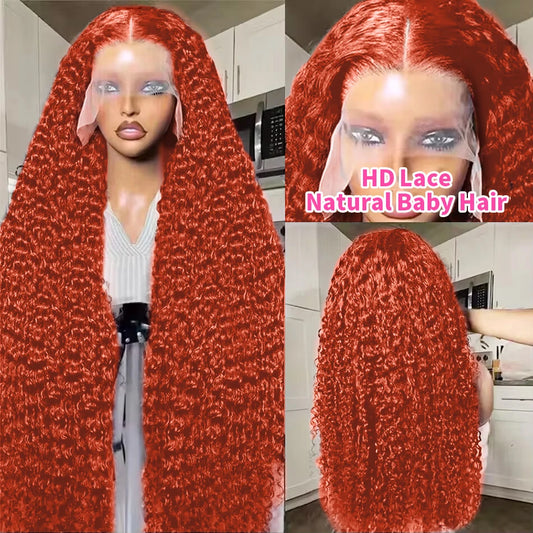 13x6/13X4 Ginger Lace Frontal Wig, Water Wave Human Hair Wigs, 30-36 Inch Brazilian Preplucked