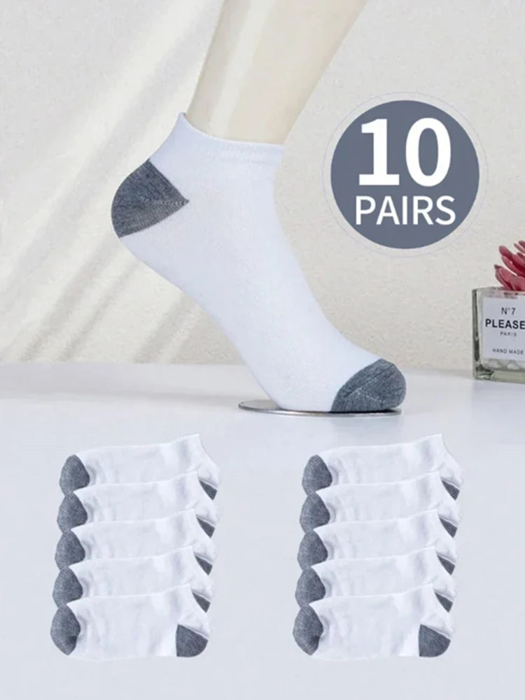 10 Pairs Women's Ankle Socks: Classic Fashionable Black White And Gray Comfortable Breathable Sweat Absorbing Socks