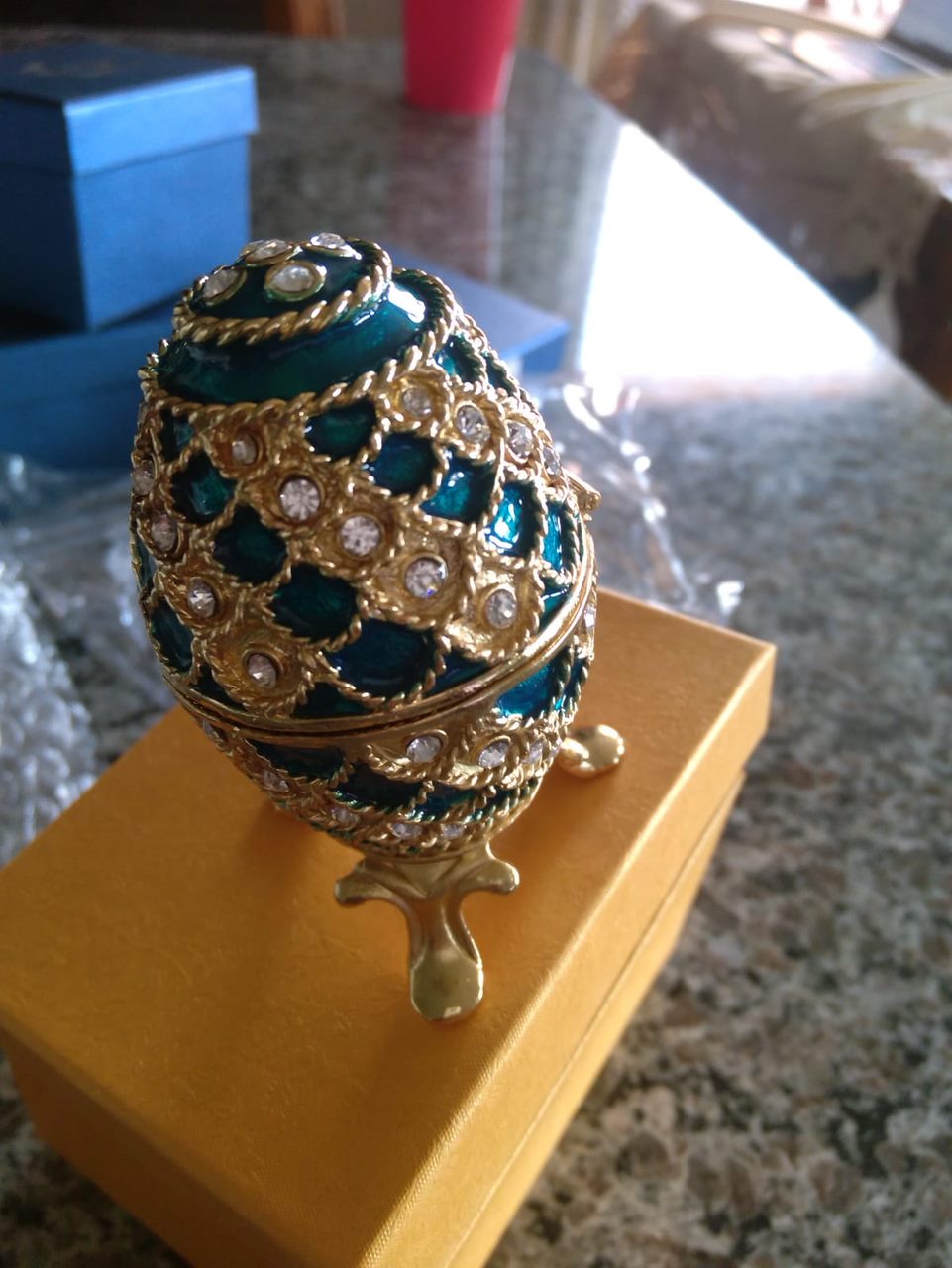 Small blue metal Faberge inspired Easter egg