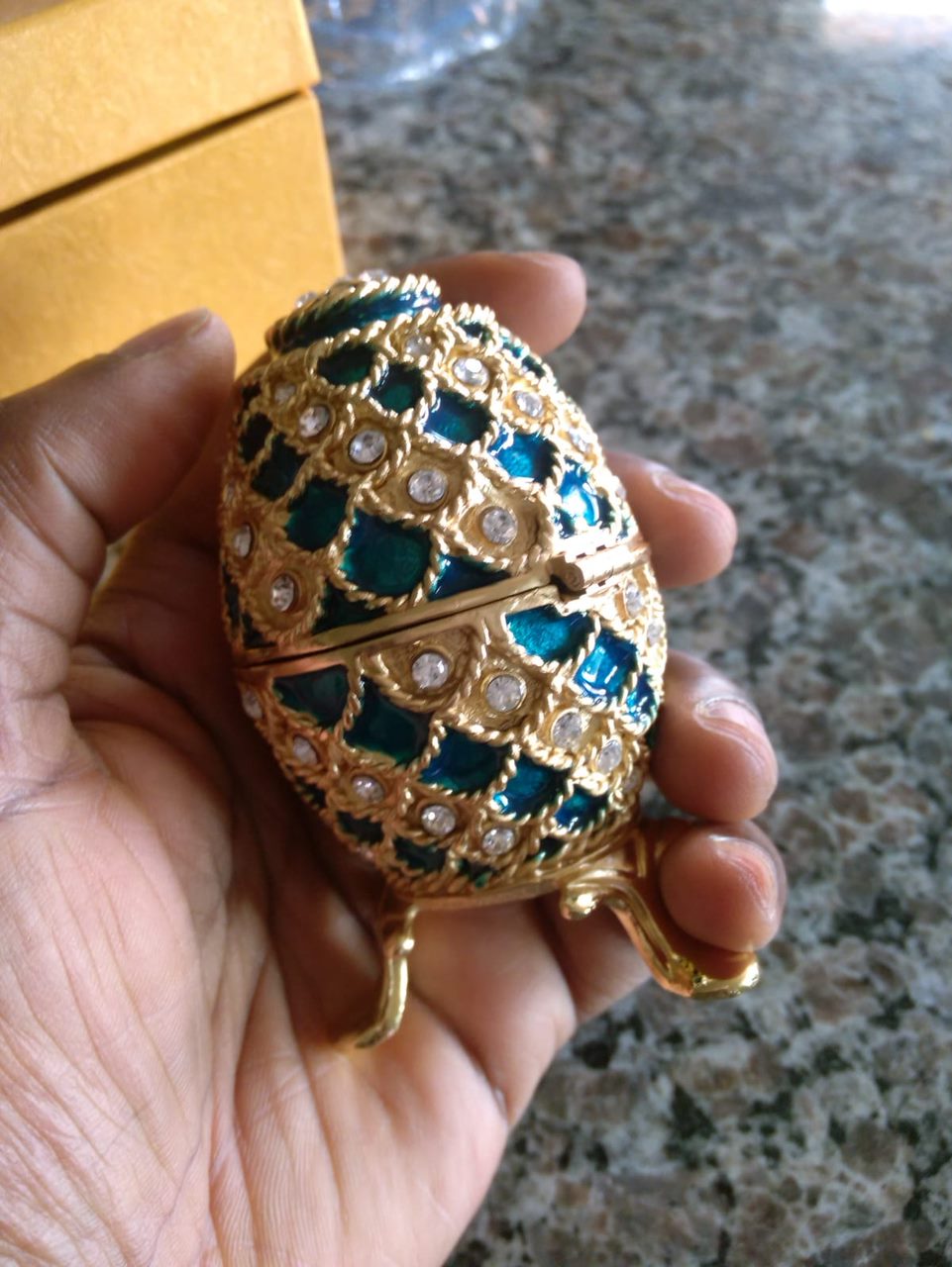 Small blue metal Faberge inspired Easter egg