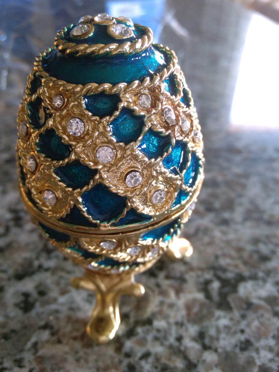 Small blue metal Faberge inspired Easter egg