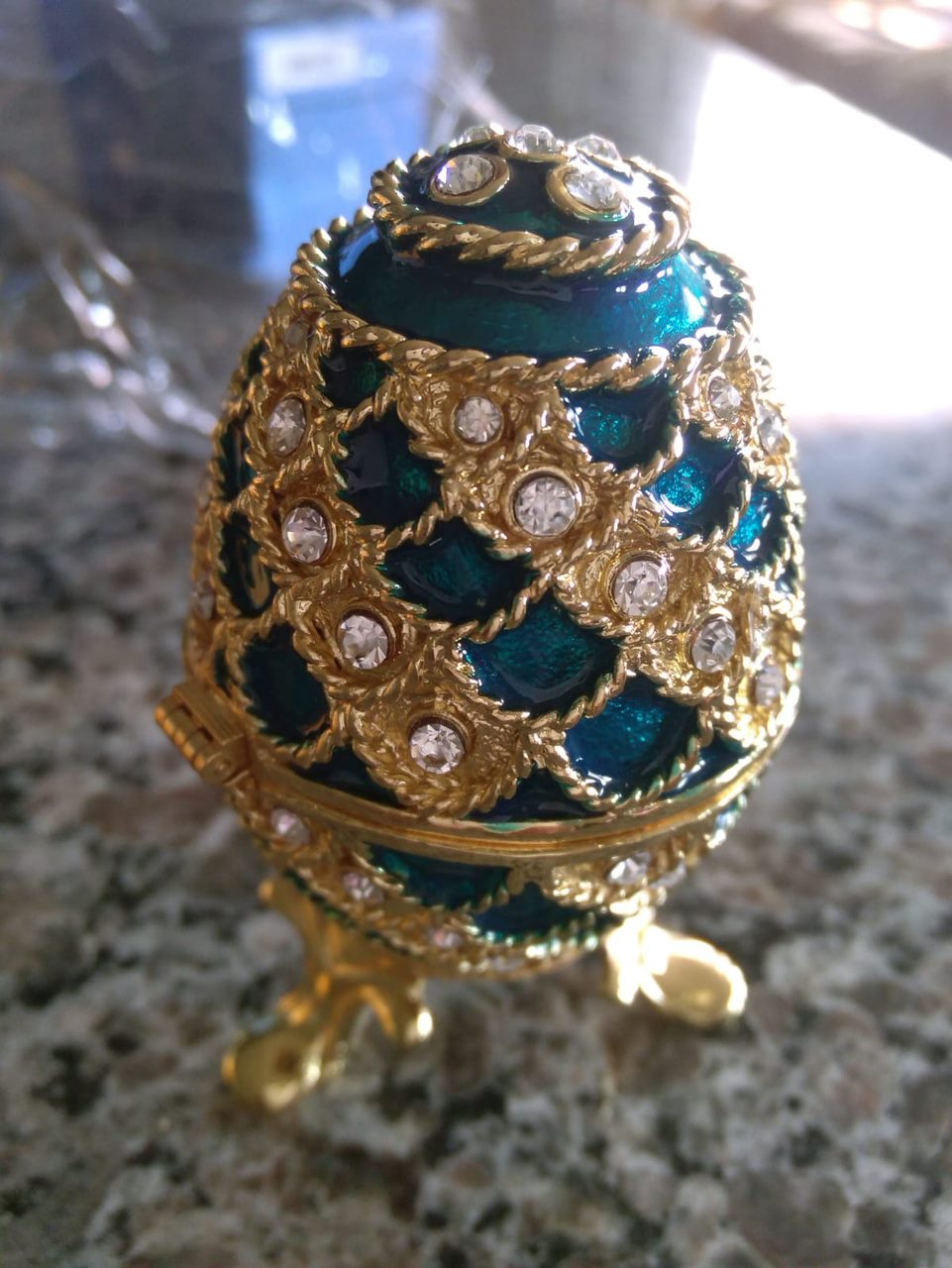 Small blue metal Faberge inspired Easter egg