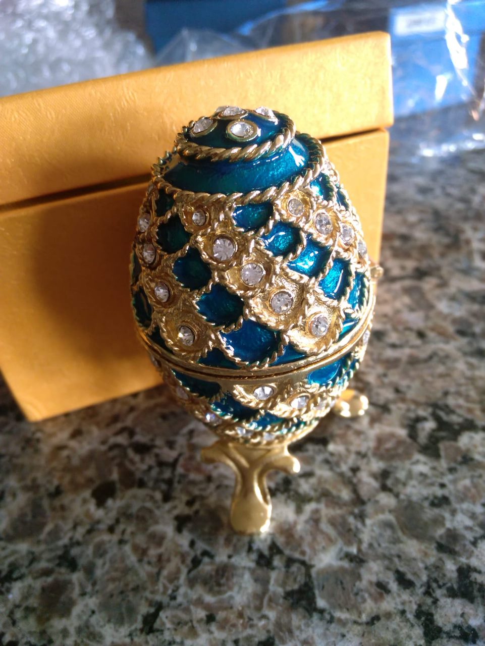 Small blue metal Faberge inspired Easter egg