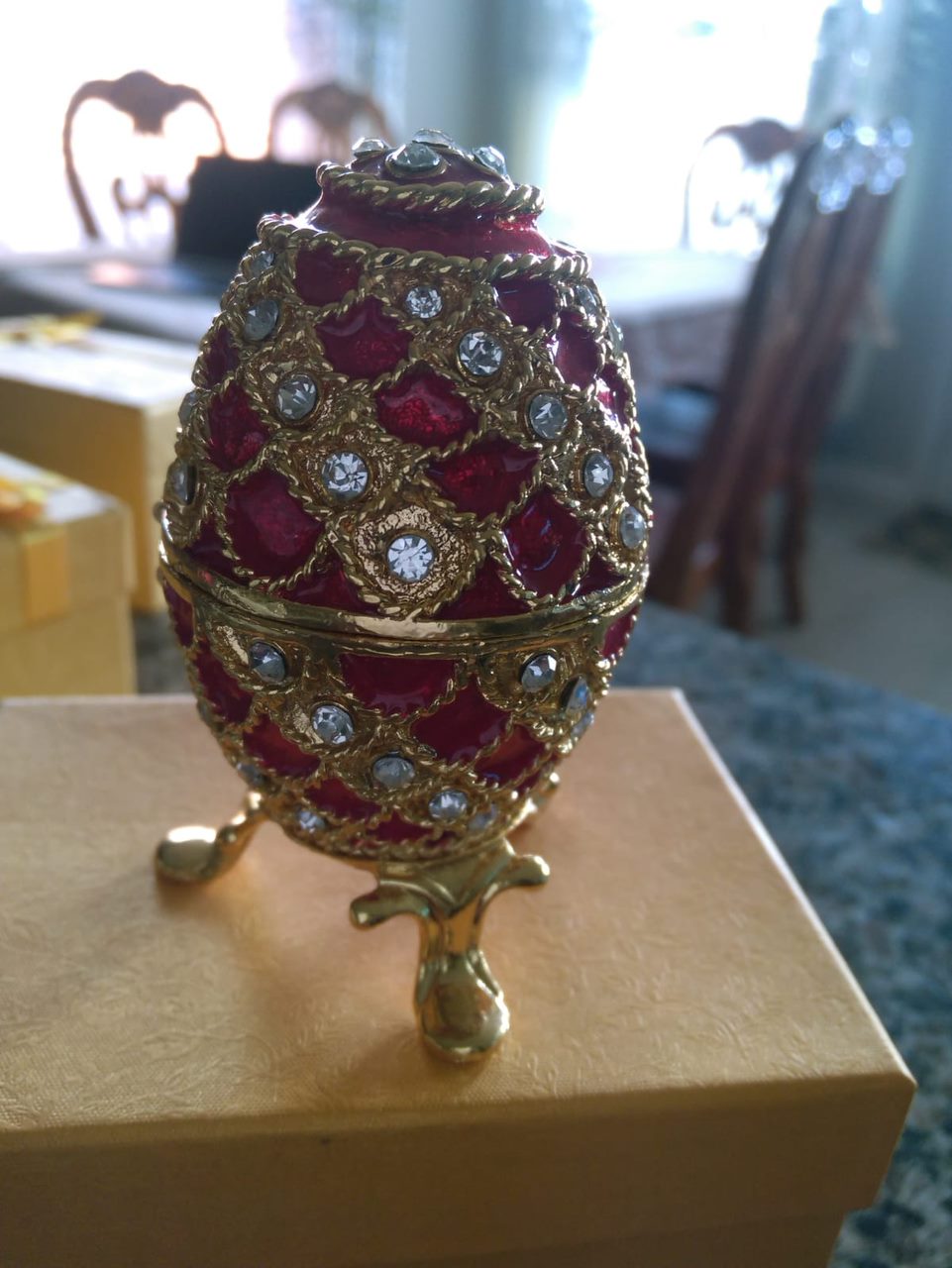 Small blue metal Faberge inspired Easter egg