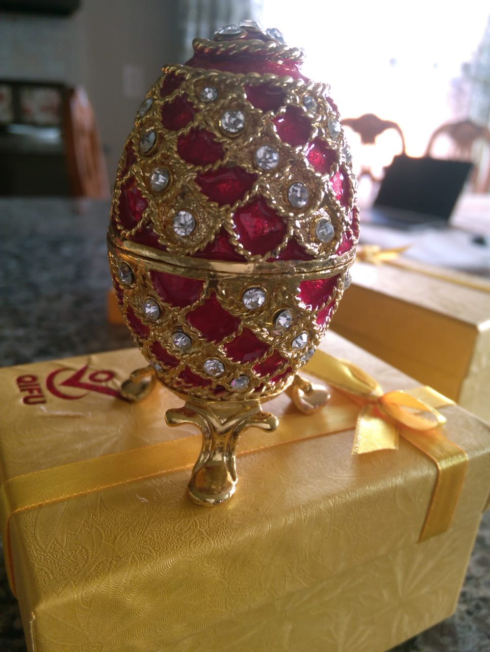 Small blue metal Faberge inspired Easter egg