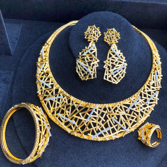 Gorgeous Geometric Bridal Jewelry Set - Necklace, Bangle, Earrings, Ring - High Quality for Women