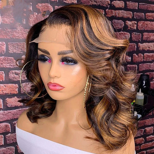 Highlight Body Wave Bob Wig, Human Hair Lace Front Honey Blonde 13X4 Transparent Lace Frontal Wig