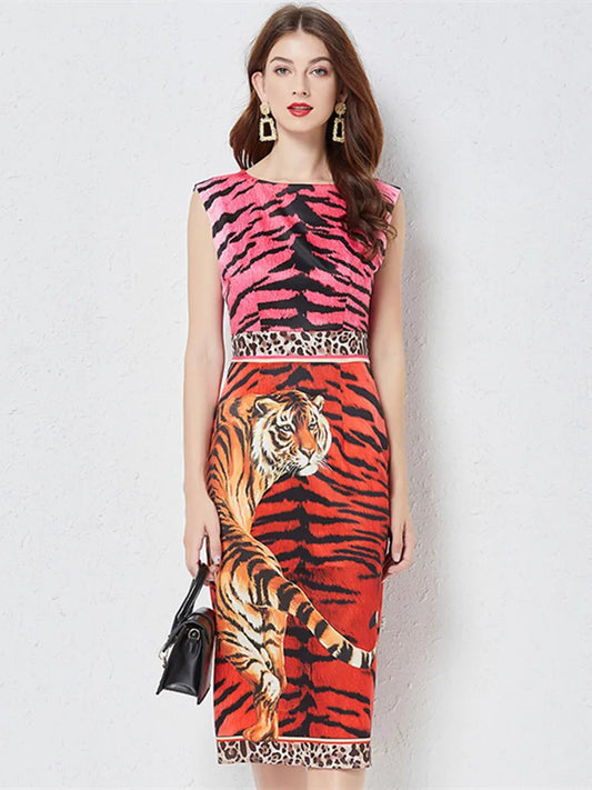 Tiger Leopard Women's Sleeveless High Waist Patchwork Vintage Mid Dress