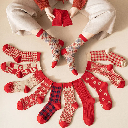 5 Pairs Women Cotton Red Socks;  Size 35-40