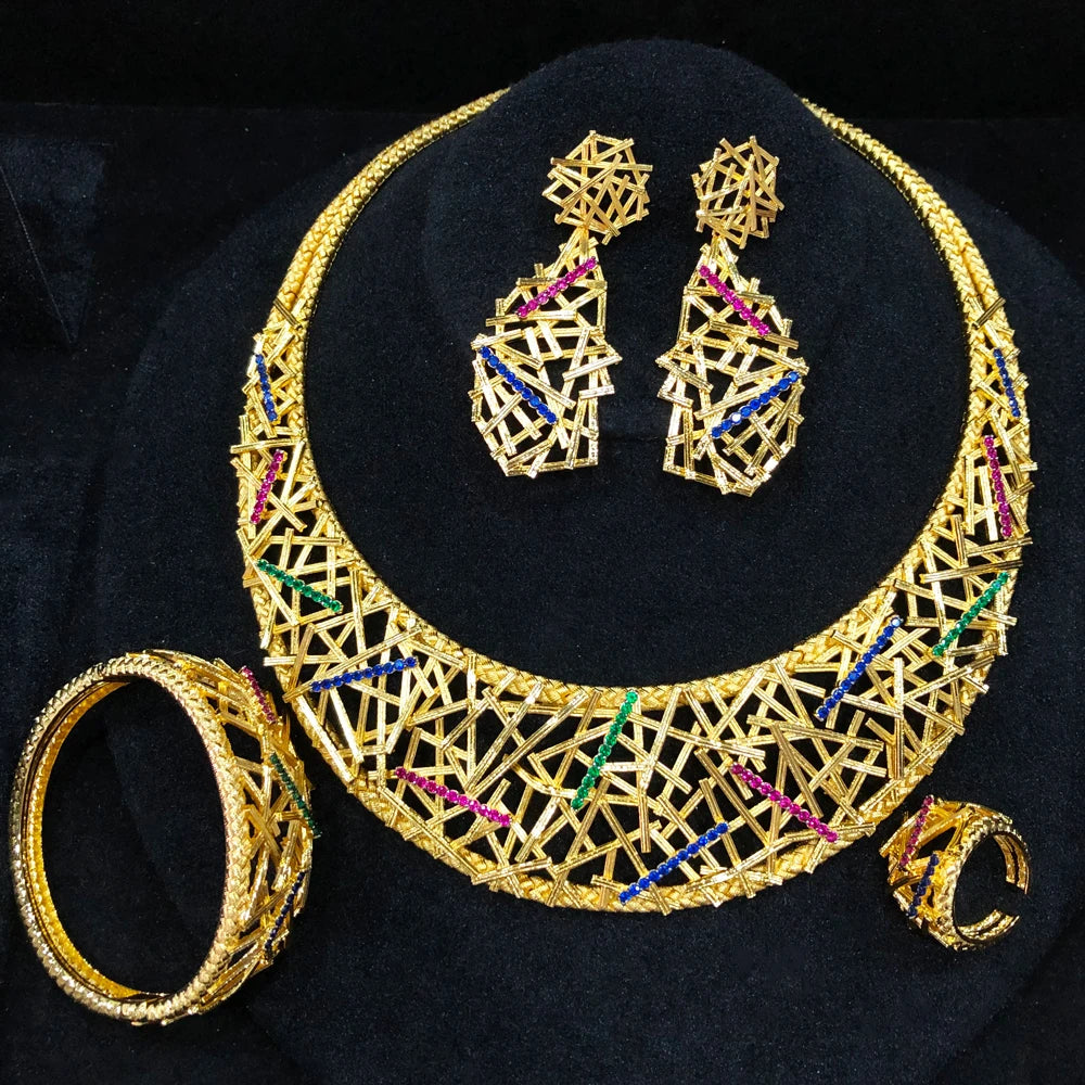 Gorgeous Geometric Bridal Jewelry Set - Necklace, Bangle, Earrings, Ring - High Quality for Women