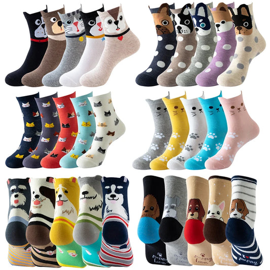 5 Pairs Colorful Kawaii Cute Cartoon Cotton Women's Socks; Casual Funny Korean Style Sock