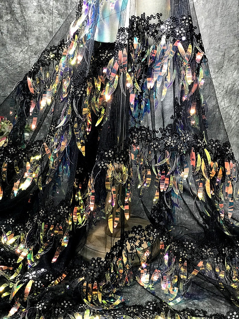 Black Designer Gradient Illusion Fashion Tassels Sequins Laser Fabric
