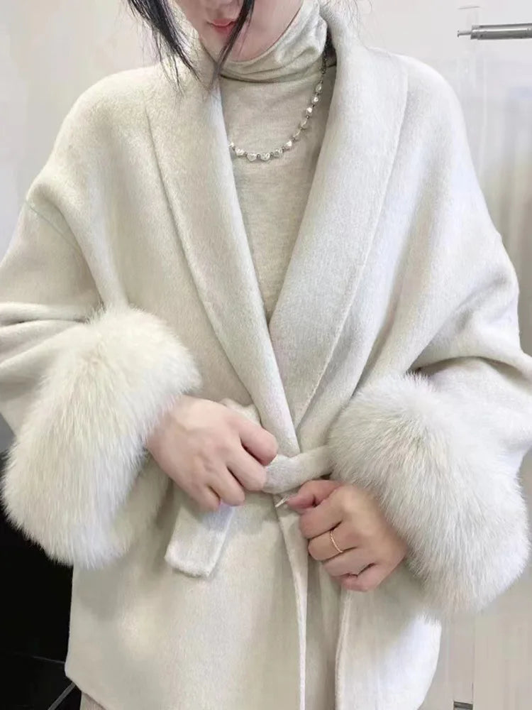 Lady Overcoats, Fur Patchwork Long Sleeve Woolen Coat