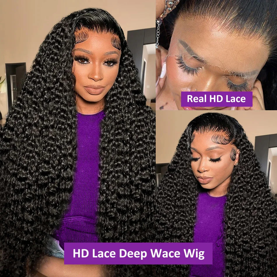 30-40 Inches Deep Wave 13x6, 13x4 HD Transparent Lace Front Human Hair Wig Glueless