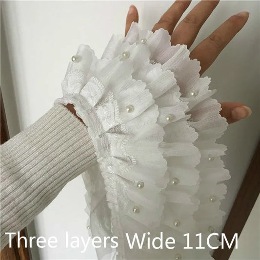 Luxury White Beaded Pleated Chiffon 3D Lace Ribbons Trim For DIY