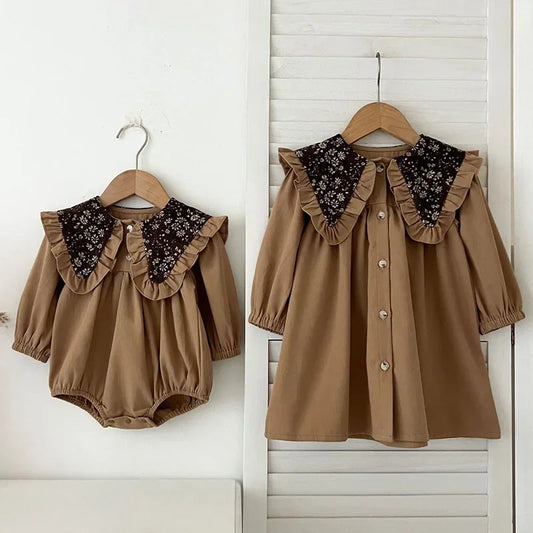 2-6Yrs Girl Party Dress Long Sleeved Cotton Embroidery Splicing Romper