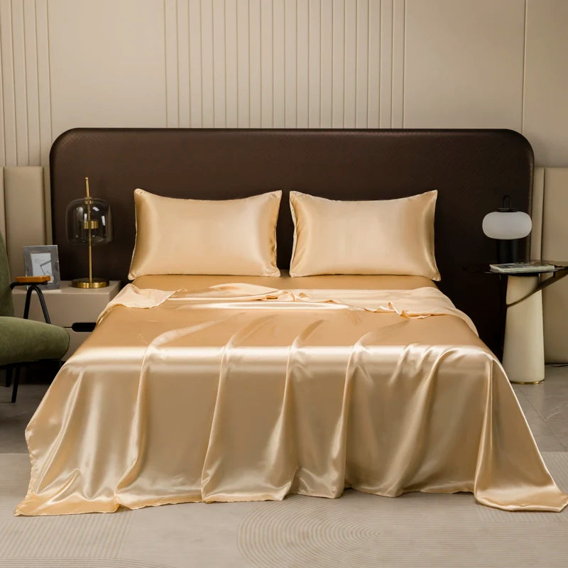 Solid Color Satin Bedding Set,Includes Flat Sheet, Fitted Sheet, and Pillowcases