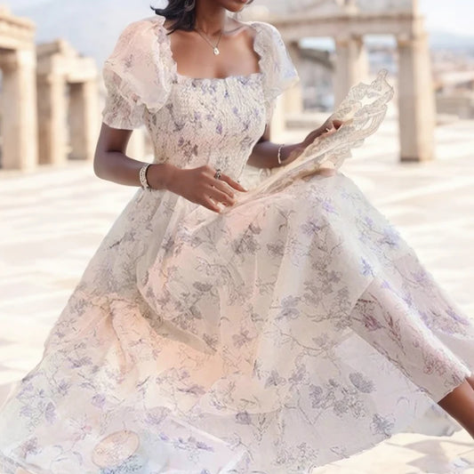 Short Sleeve Floral Party Dress-White Chiffon Long Elegant Fairy Dresses for Women