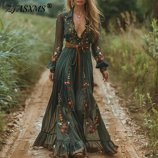 Ethnic Retro Floral Print Pleated Long Dress-Long Sleeve Bohe Maxi Dress