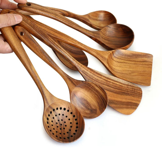 Natural Wood Tableware Spoon, Rice Colander, Soup Skimmer, Cooking Soup Spoons Kitchen Set