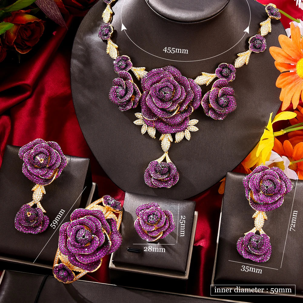 "4 Piece Luxury Ruby Flower Statement Jewelry Set for Women - Bridal Necklace Included"