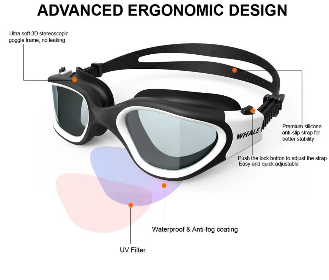 Anti-fog adjustable uv protection swim goggles for men and women.