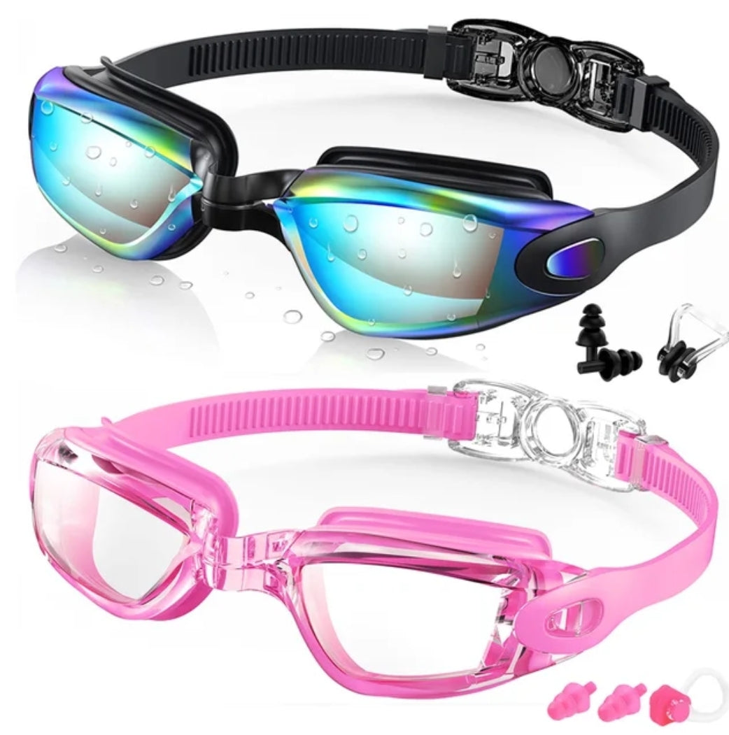 Two pack anti-fog swimming goggles with adjustable straps