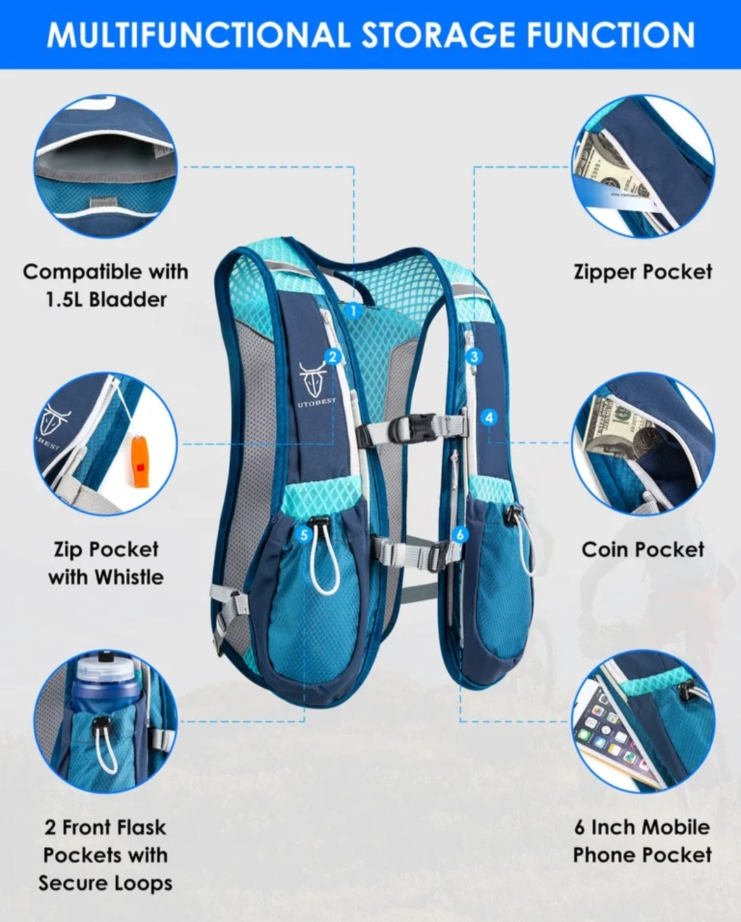 UTOBEST ultra lightweight trail vest with 1.5L water bladder.