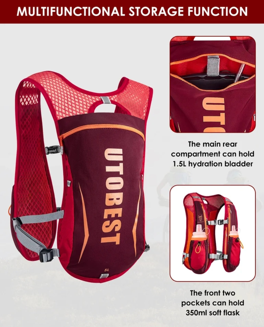 UTOBEST ultra lightweight trail vest with 1.5L water bladder.