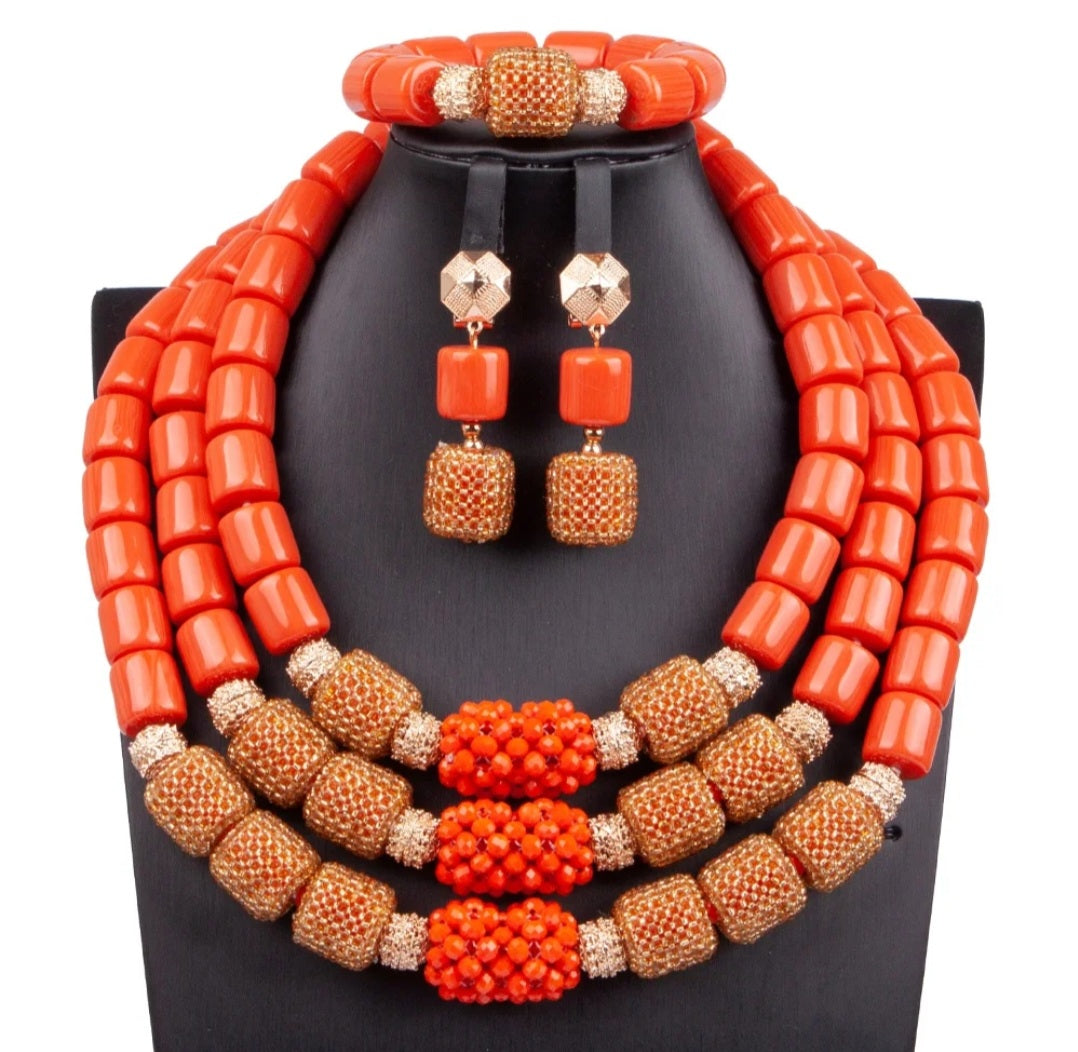 3 layers Imitation coral statement necklace, bracelet and earrings set