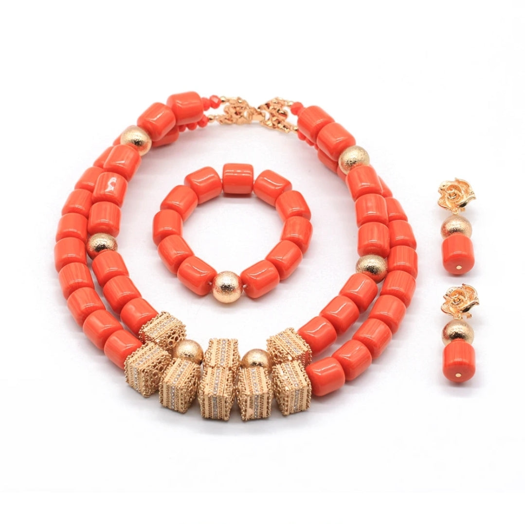 3 layers Imitation coral statement necklace, bracelet and earrings set