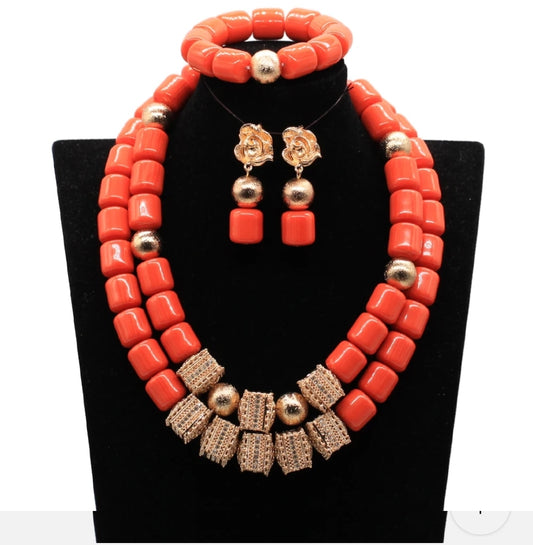 Imitation coral statement necklace, bracelet and earrings set