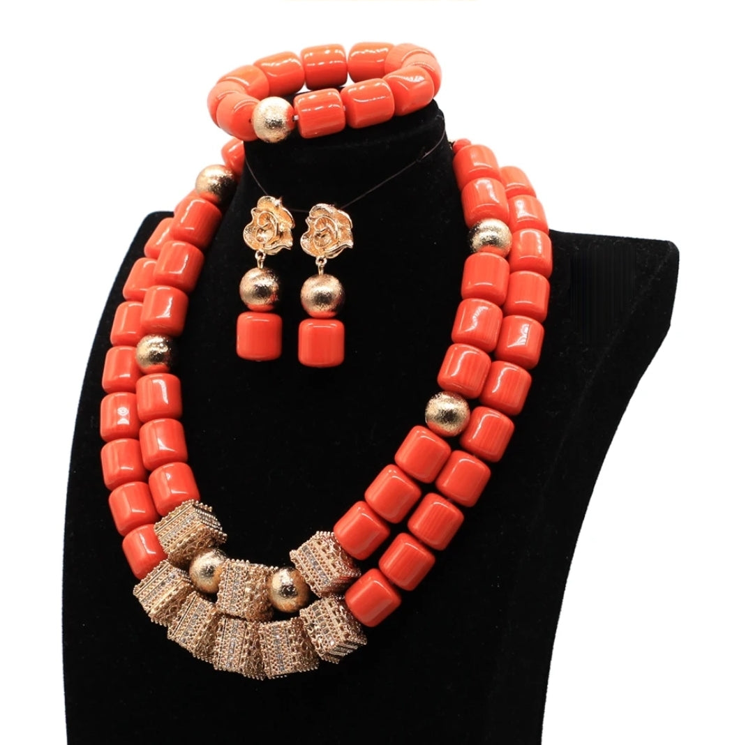 3 layers Imitation coral statement necklace, bracelet and earrings set