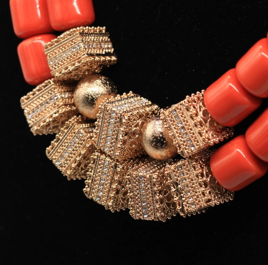 3 layers Imitation coral statement necklace, bracelet and earrings set