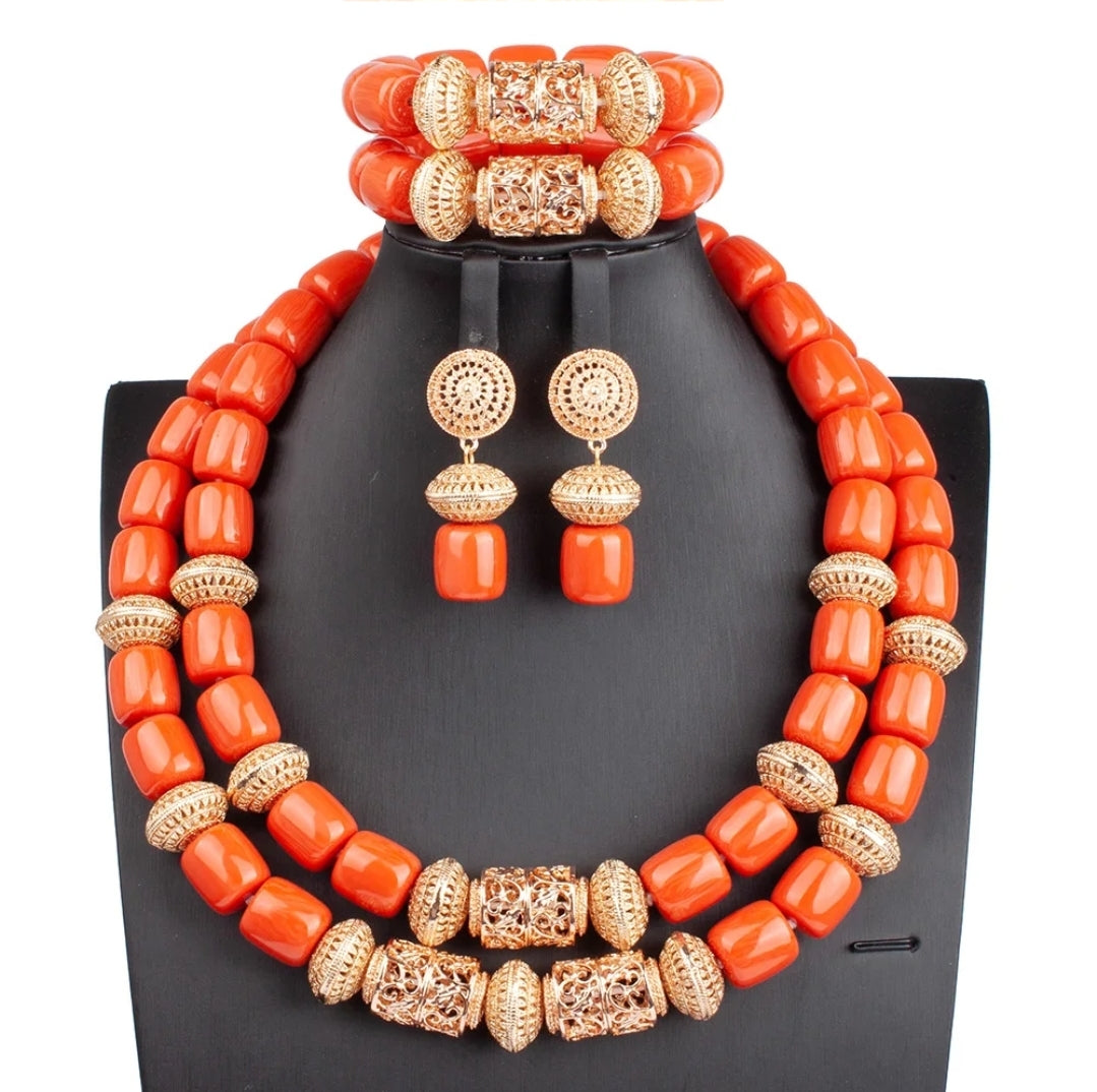 3 layers Imitation coral statement necklace, bracelet and earrings set