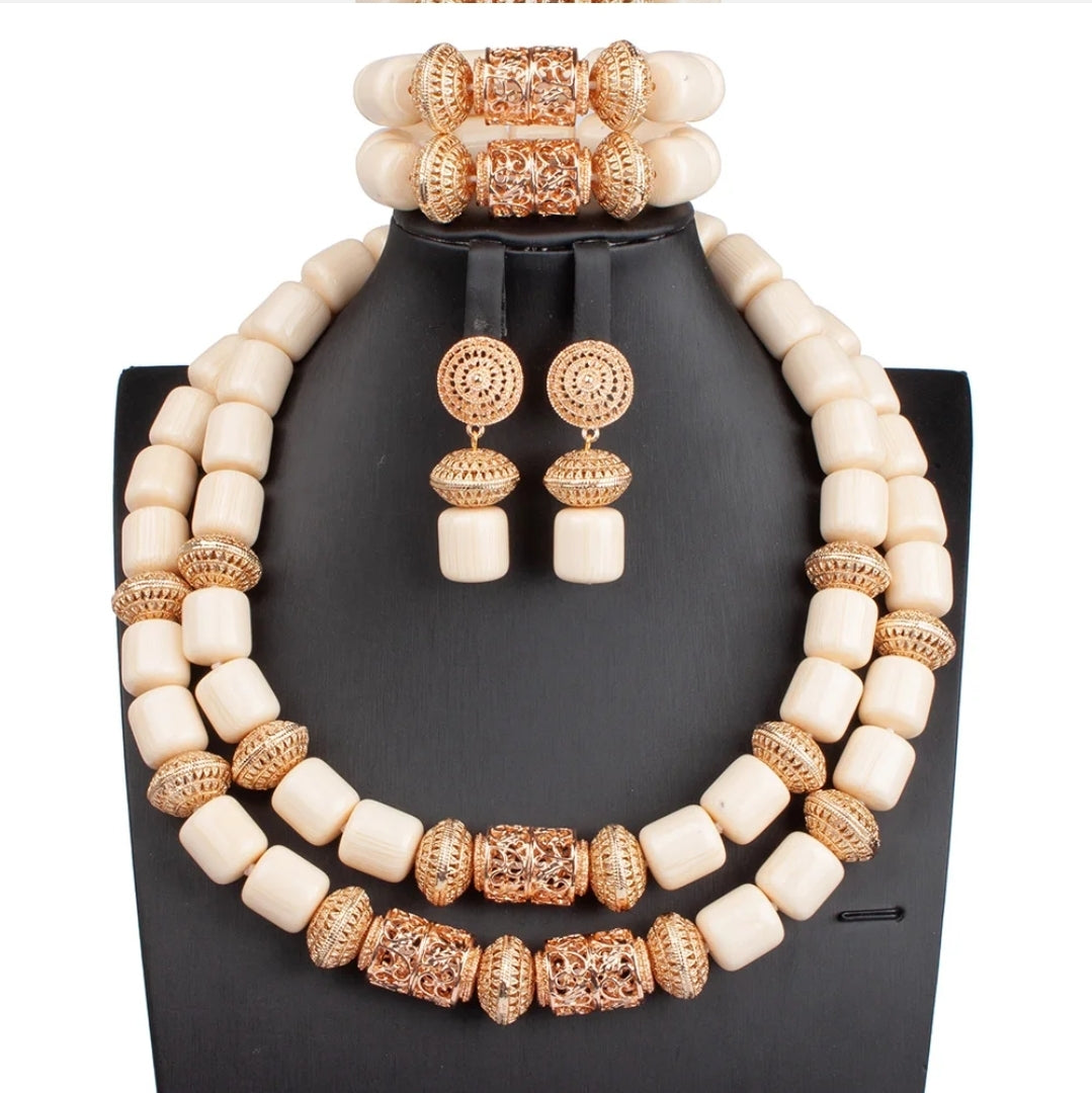 3 layers Imitation coral statement necklace, bracelet and earrings set