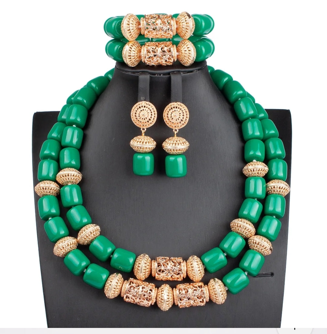 3 layers Imitation coral statement necklace, bracelet and earrings set